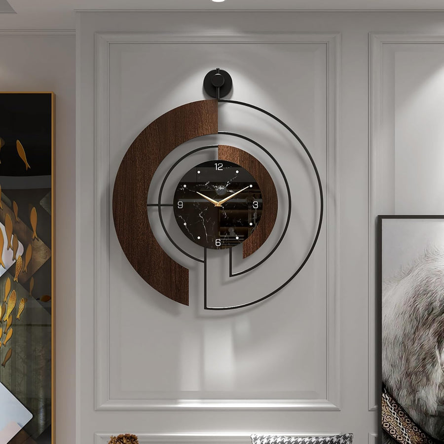 Wall Clock 50cm Walnut Marble Dial Silent Non Ticking Wood Metal Frame Modern