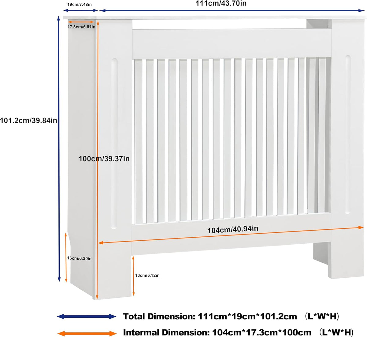 Radiator Cover 100cm High Extra Tall White MDF Vertical Slat Cabinet Fativo