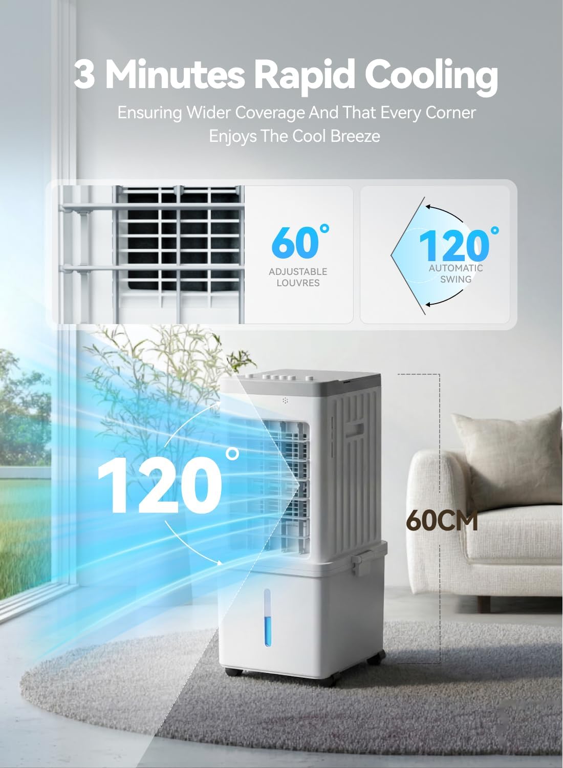 Portable Air Cooler 12L 3 in 1 70W 3 Speed 60° Oscillation Quiet Cooling Fan