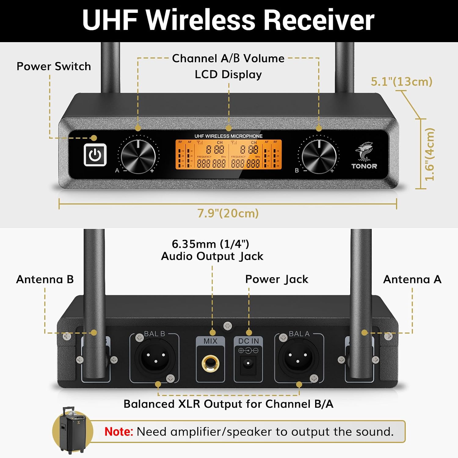 Wireless Microphones Dual UHF Cordless Dynamic 60m Silver TONOR Professional