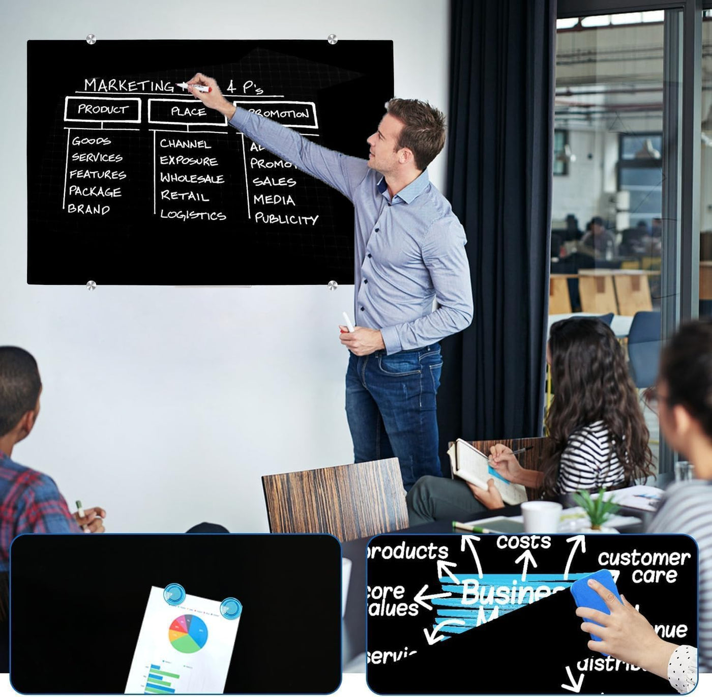 Magnetic Glass Whiteboard 60x90cm Black Frameless Dry Erase Board XIWODE Office