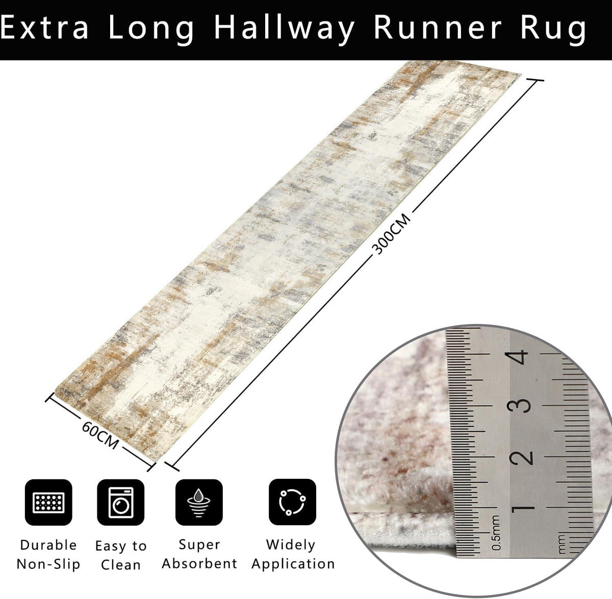 Hallway Runner Rug 60x300cm Non Slip Washable Brown Beige Carpet Famibay Home