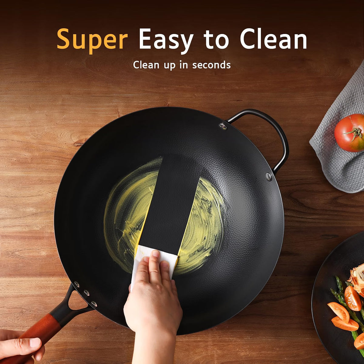 Carbon Steel Wok 32cm Pre Seasoned Uncoated Cooking Pan with Lid Kordisen Kitchen