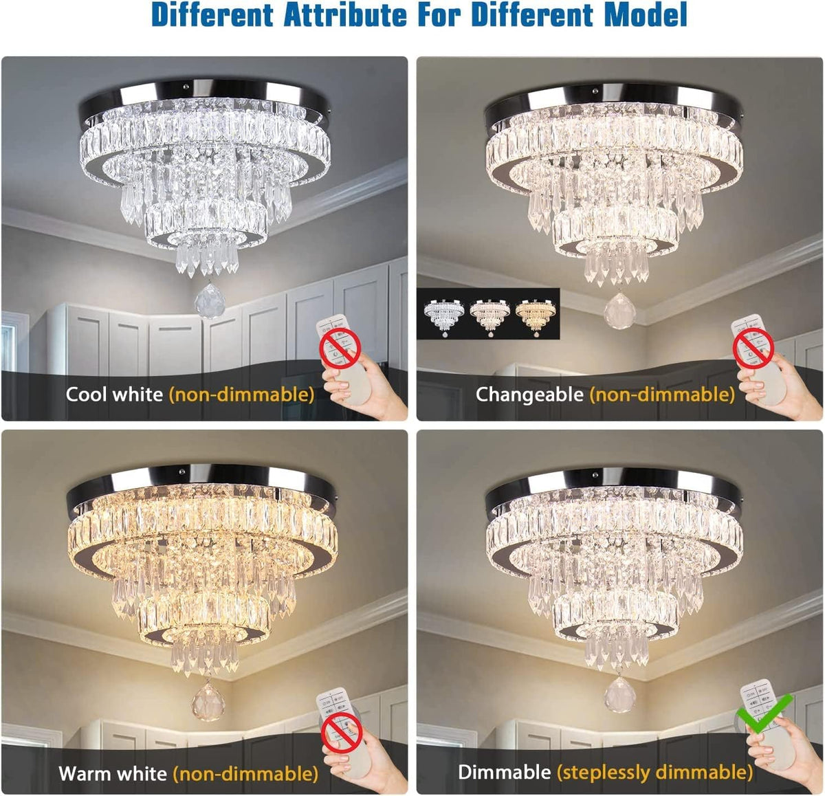 Crystal Chandelier 15.7 Inch Dimmable LED Ceiling Light Remote K9 Flush Mount