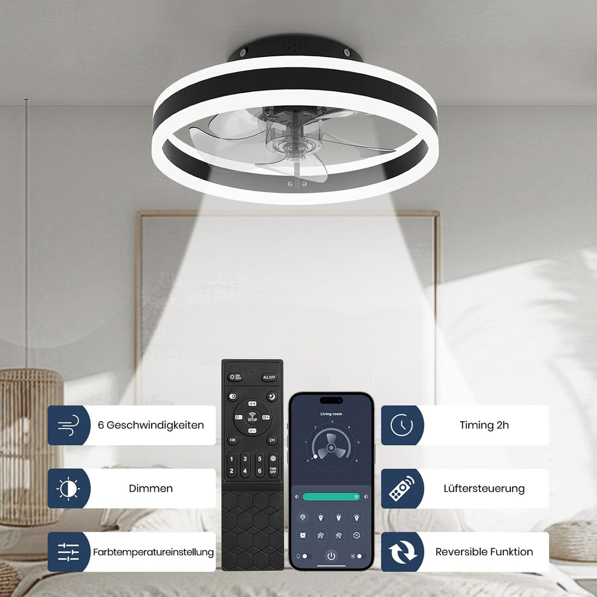 Ceiling Fan with Light 40cm Black Dimmable Remote 6 Speed Reversible Nalezuns