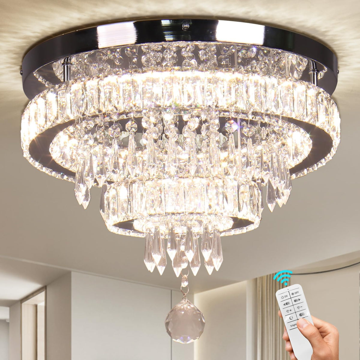 Crystal Chandelier 15.7 Inch Dimmable LED Ceiling Light Remote K9 Flush Mount