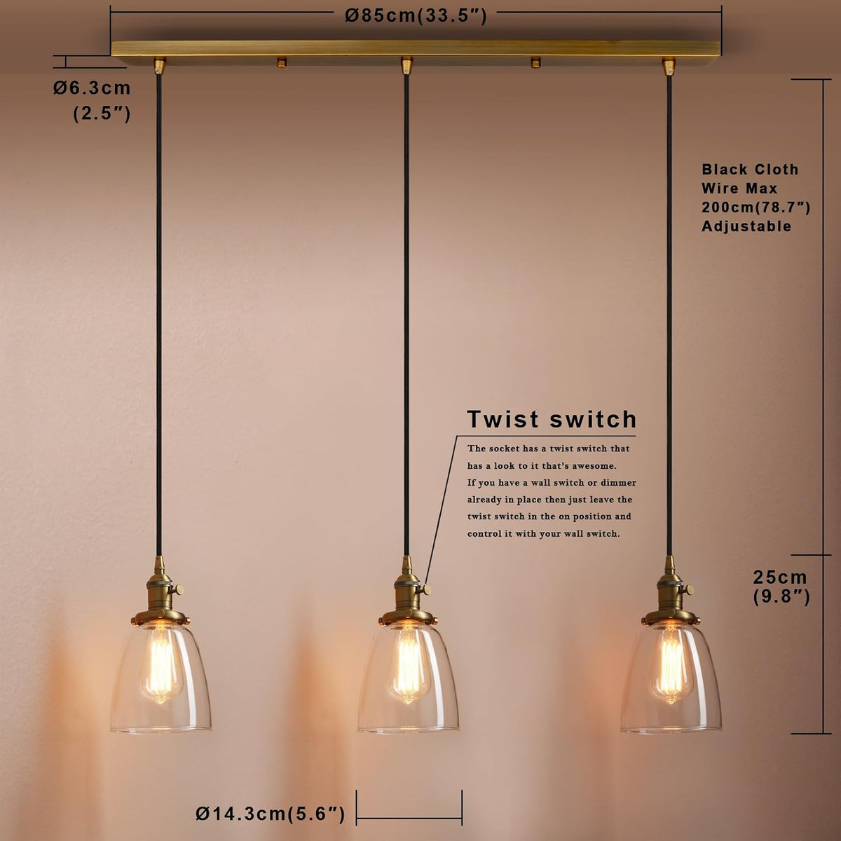 Industrial Pendant Light 3 Light Clear Glass Globe Vintage Bar Loft PathsOn Lamp