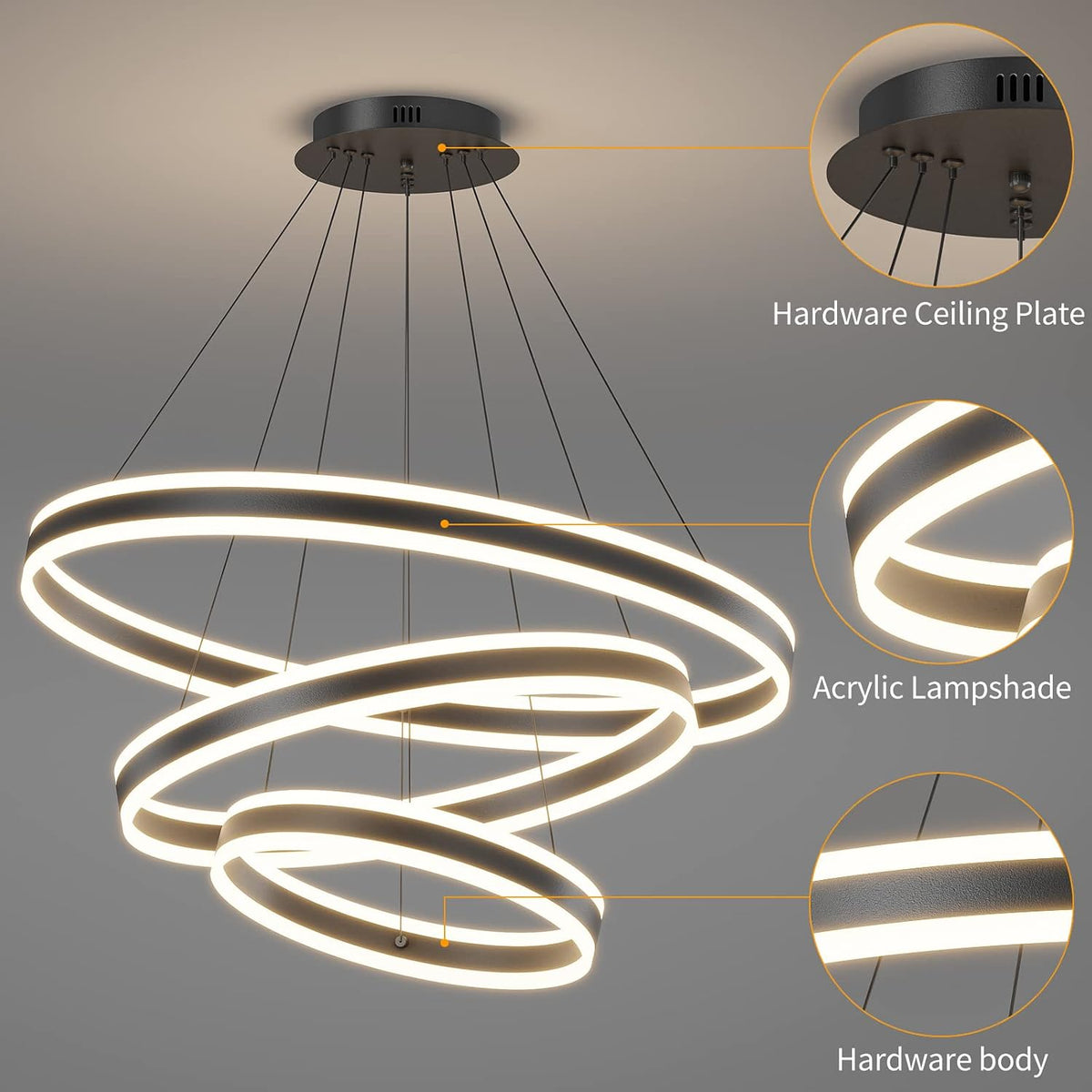 LED Pendant Light 3 Ring Circular Black Dimmable Remote Modern Chandelier