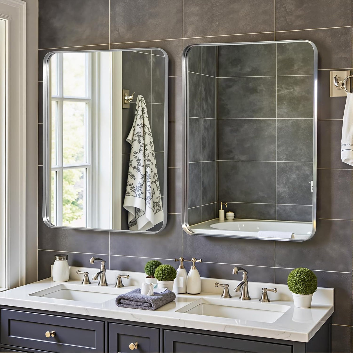Wall Mirror 60x90cm Silver Frame Rectangle Curved Corners Bathroom Vanity Decor
