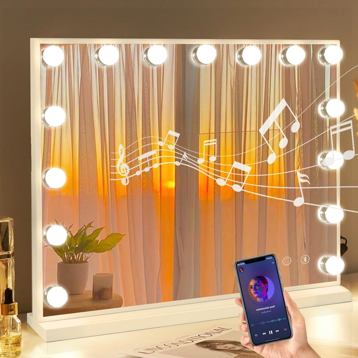 Makeup Mirror 58x46cm 15 LED Bulbs Bluetooth Hollywood Vanity FENCHILIN Lighted
