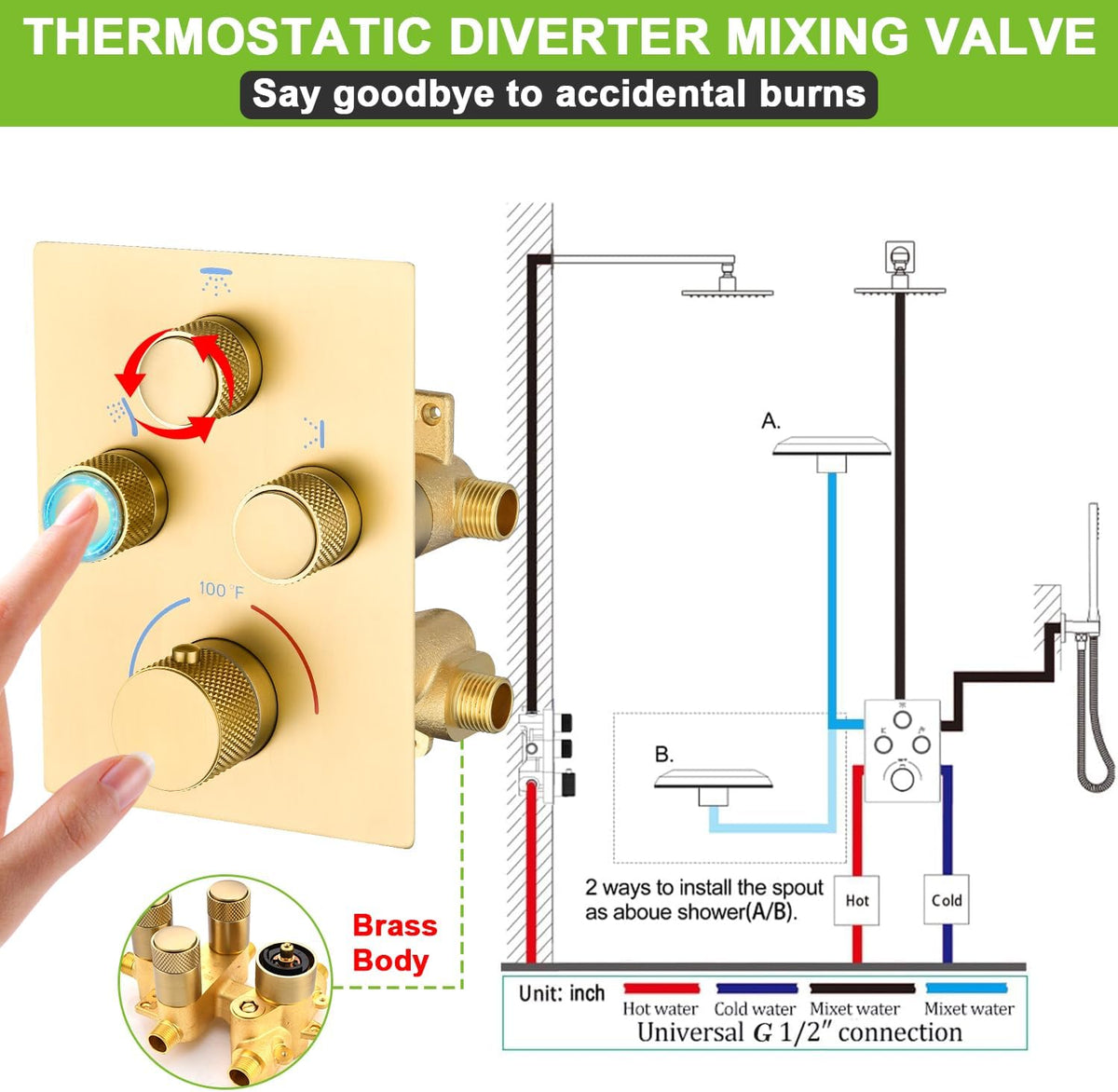 12 Inch Shower System Brass Mixer Waterfall Tub Spout Brushed Gold Bathroom Set