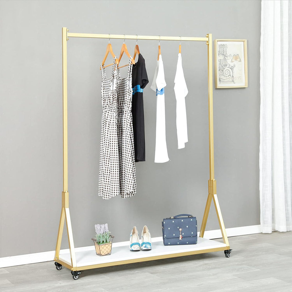 Clothes Rail 120cm Rolling Garment Rack Gold Wood Shelf Shoe Storage with Wheels