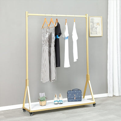 Clothes Rail 120cm Rolling Garment Rack Gold Wood Shelf Shoe Storage with Wheels