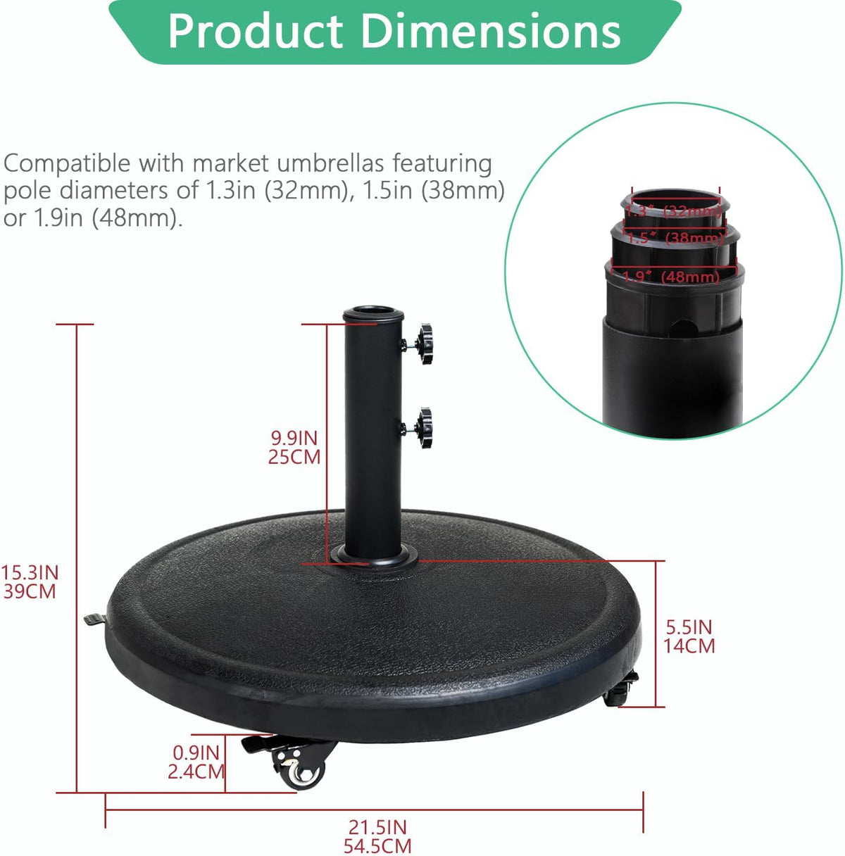 Parasol Base 20kg Heavy Duty Round Resin Umbrella Stand Wheels Helios&Hestia