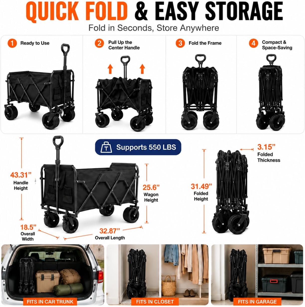 Heavy Duty Folding Wagon Cart 500lbs All Terrain Wheels Garden Trolley Utility
