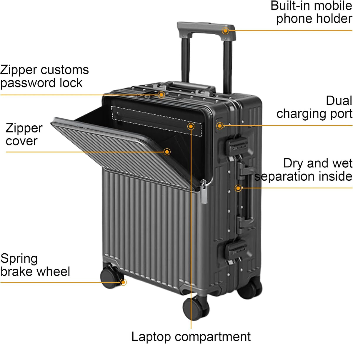 24 Inch Suitcase Hard Shell TSA Lock Aluminium Frame Dark Grey Spinner Luggage