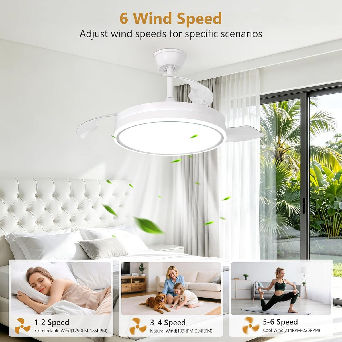 Ceiling Fan with Light Retractable 36W LED Dimmable Remote 6 Speed 3960LM Quiet