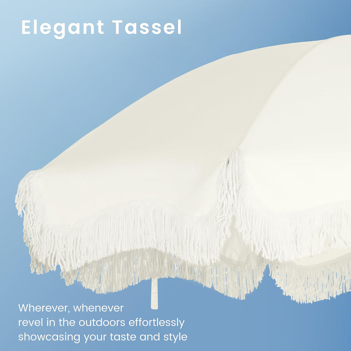 Beach Umbrella 2M UPF 50+ Fringed Boho Parasol Ground Drill Ivory PHI VILLA Patio