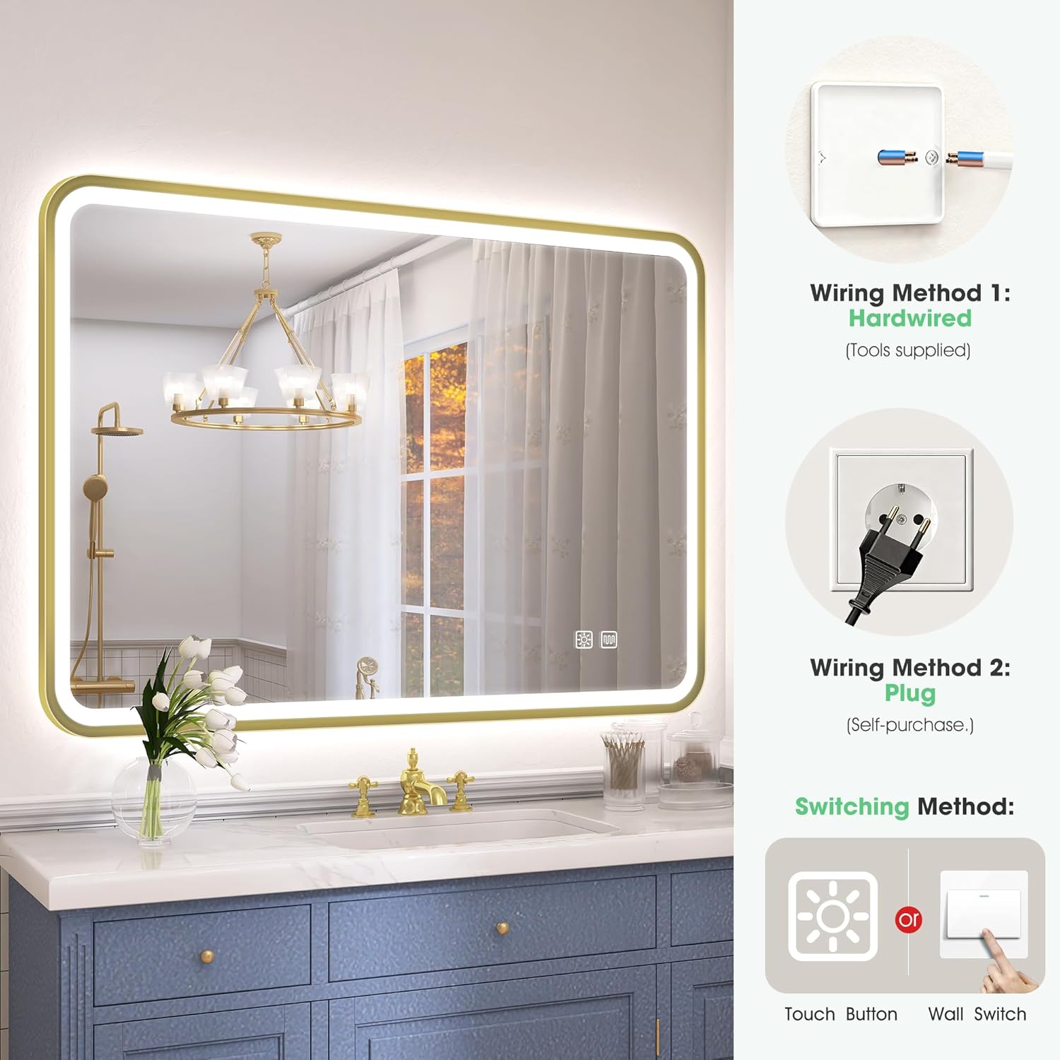 Bathroom LED Mirror 80x60 Gold Frame Anti Fog Dimmable IP44 S'bagno