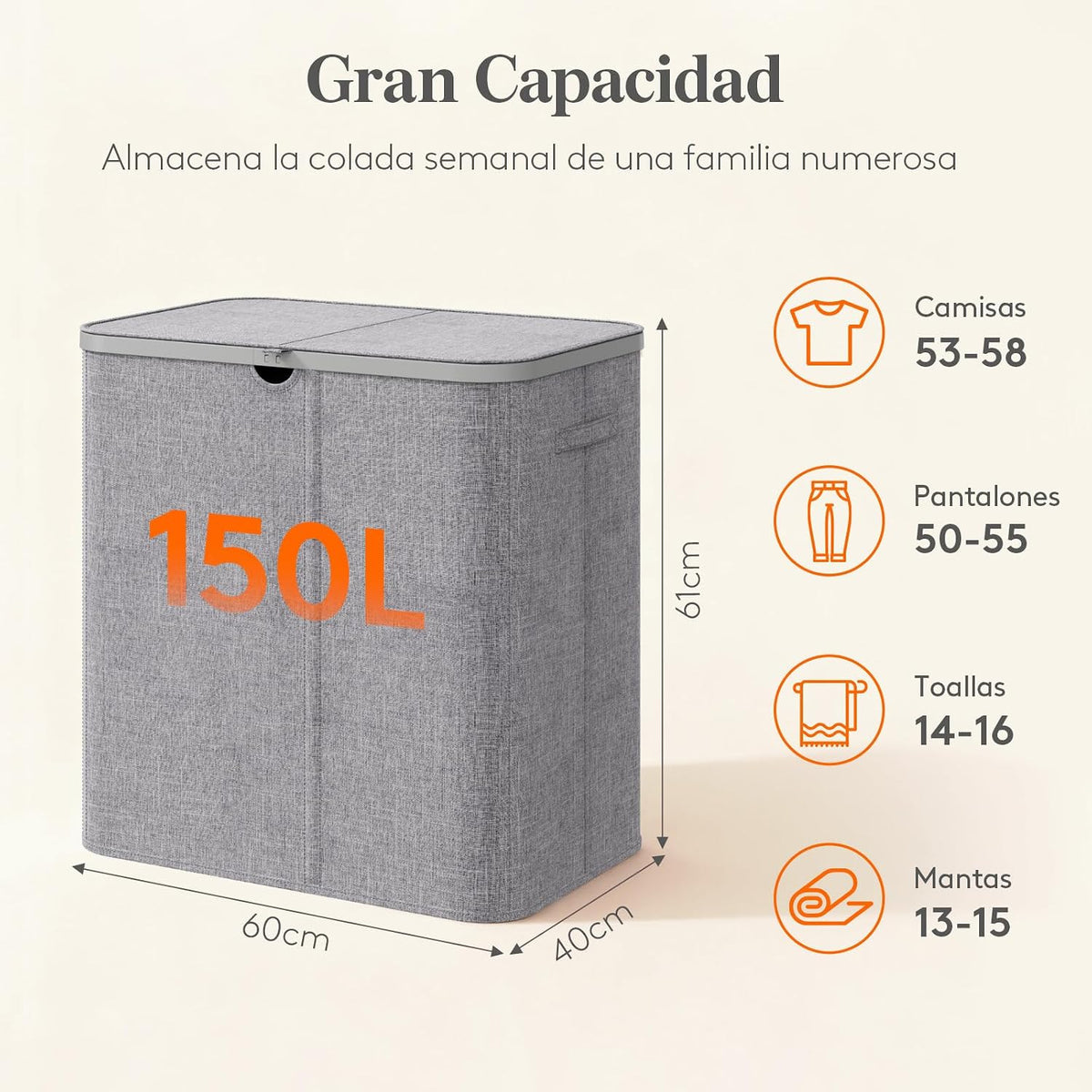 Laundry Basket 150L 3 Compartments Lid Removable Bags Foldable Grey Lifewit