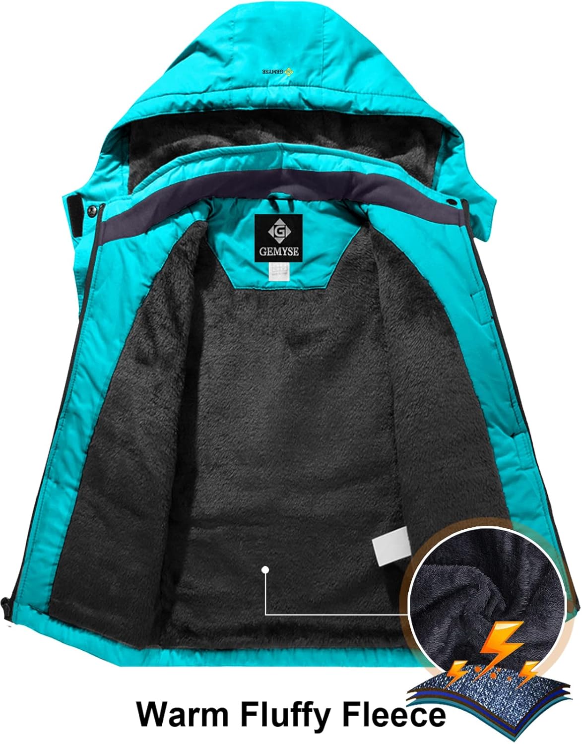 Teal jacket with black inner lining and 'Garmir' branding, highlighting warm fluffy fleece.