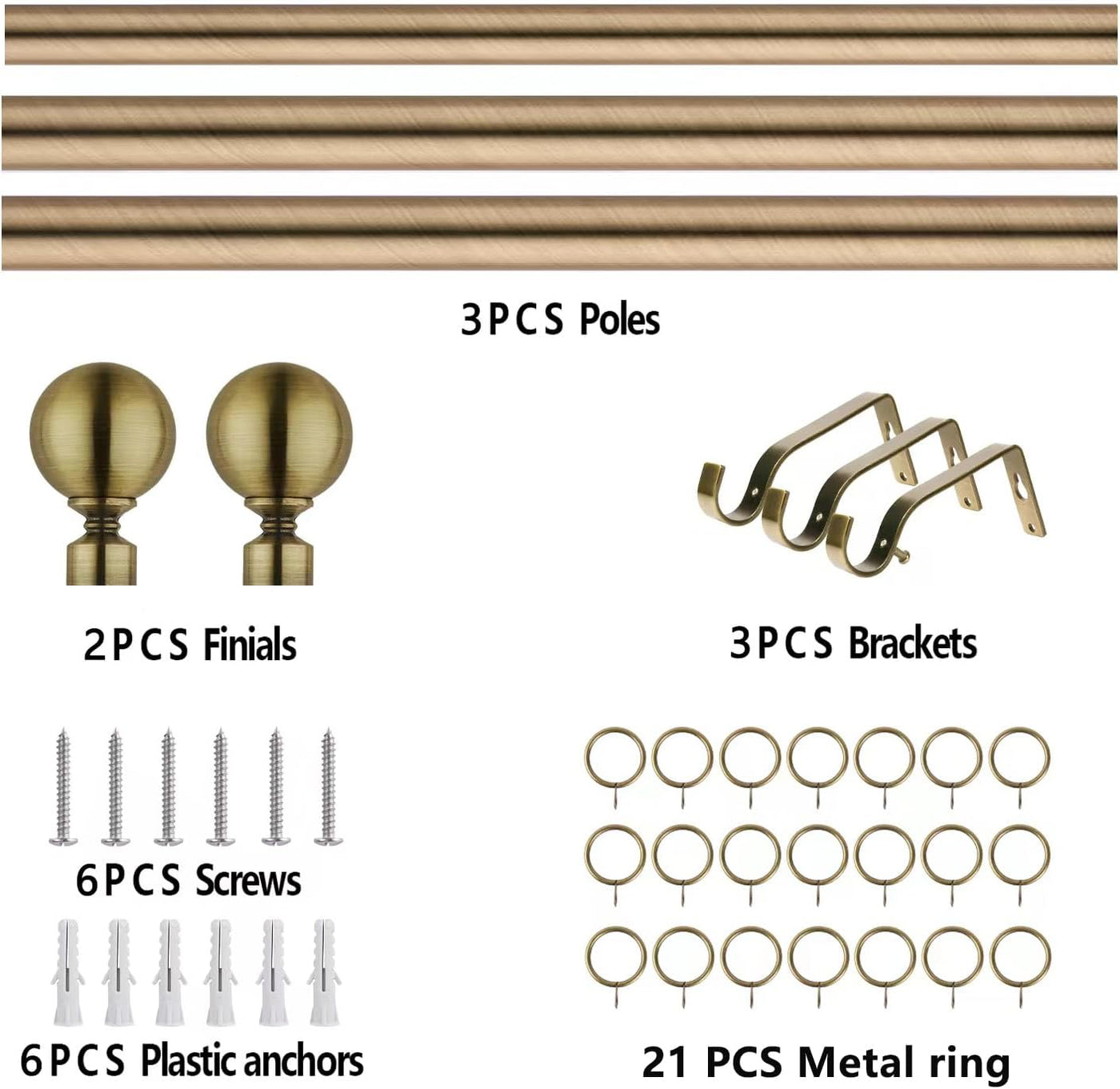 A product parts layout showing a curtain rod set with labels: 3 PCS Poles, 2 PCS Finials, 3 PCS Brackets, 6 PCS Screws, 6 PCS Plastic anchors, and 21 PCS Metal ring, all on a white background.