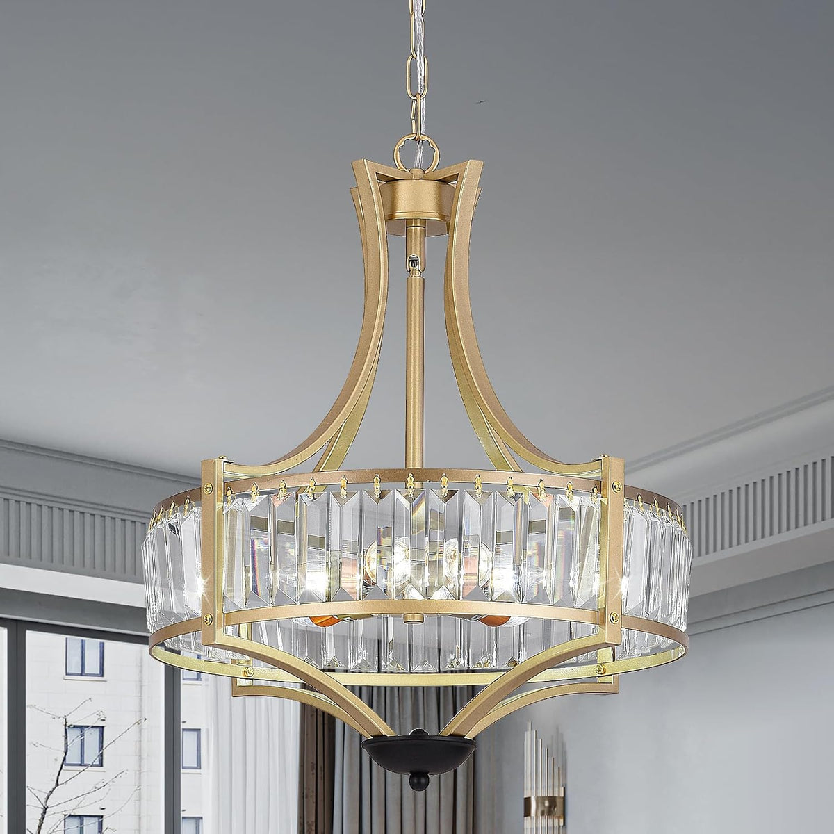 Crystal Chandelier 5 Light Gold Drum Pendant Adjustable Height Modern Ceiling