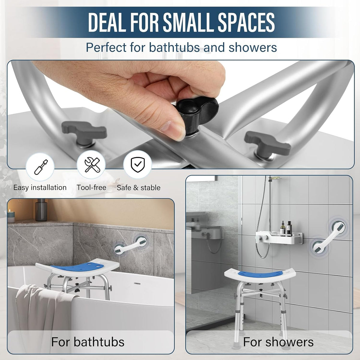 Shower Chair Adjustable Height Bath Stool Suction Grab Rail Bathroom Safety Seat