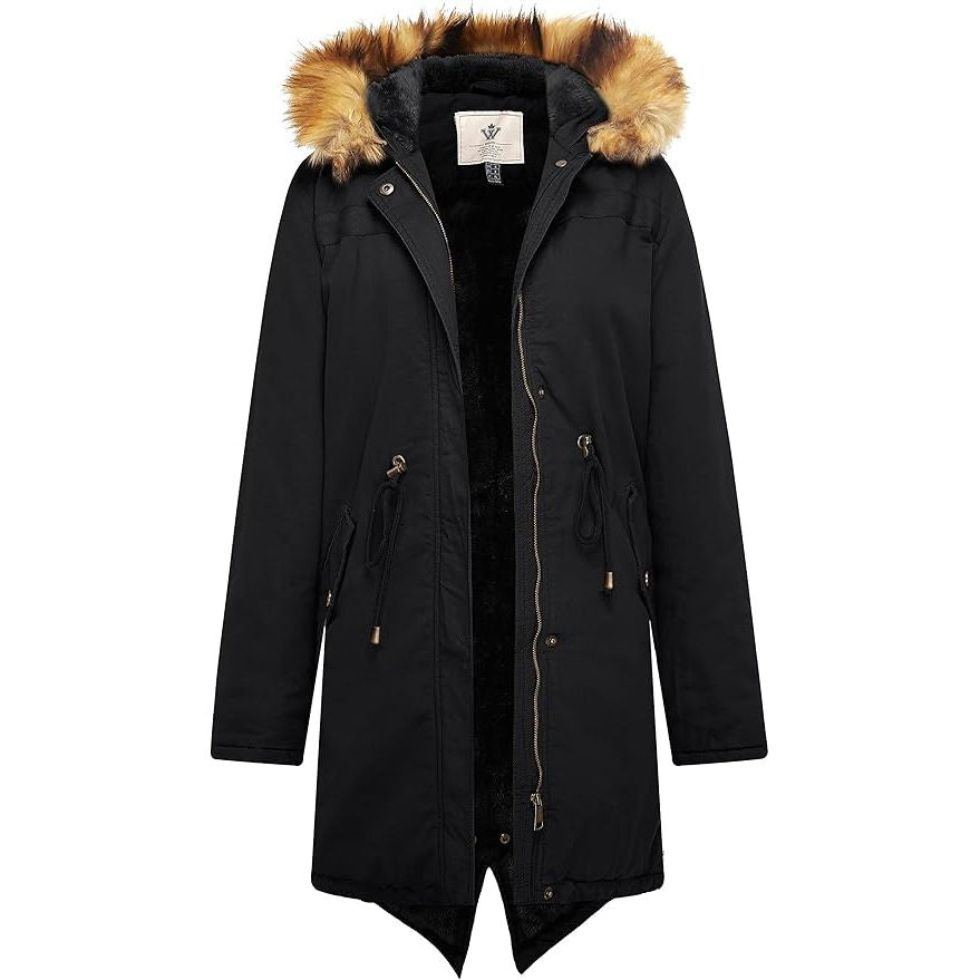 Black parka coat with fur-lined hood on a white background