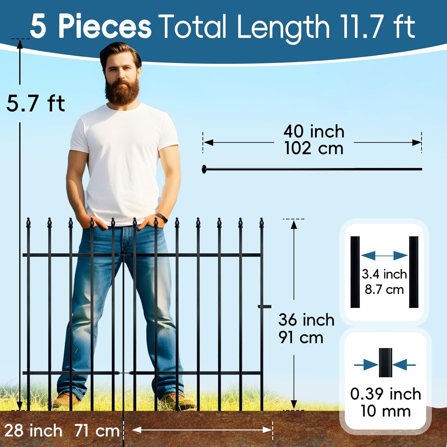Metal Garden Decorative Fence 3.5m No Dig Animal Barrier Gate Black Thealyn