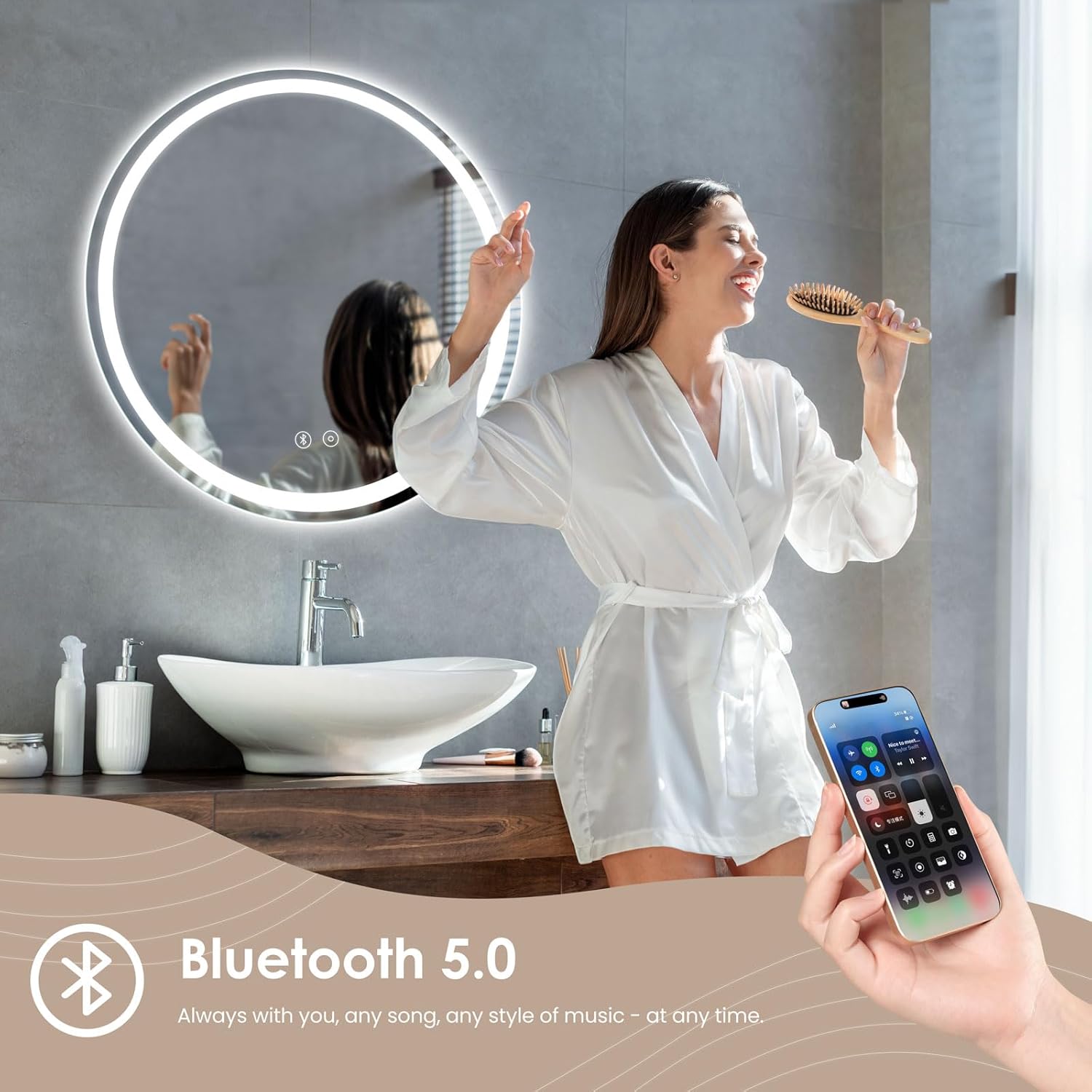 Dripex 600mm Round Bluetooth LED Bathroom Mirror with Dimming Light, Anti-Fog