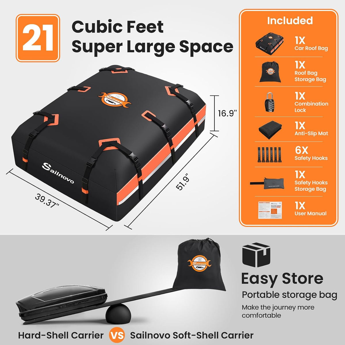Car Roof Bag 21 Cu Ft 595L Waterproof Foldable Soft Roof Box Sailnovo Cargo Carrier