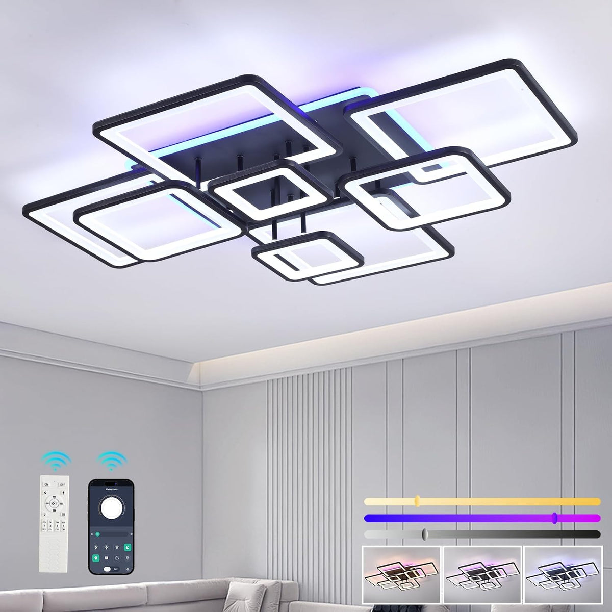 LED Ceiling Light 100W Dimmable Flush Mount Remote Modern Living Room Bedroom Lamp