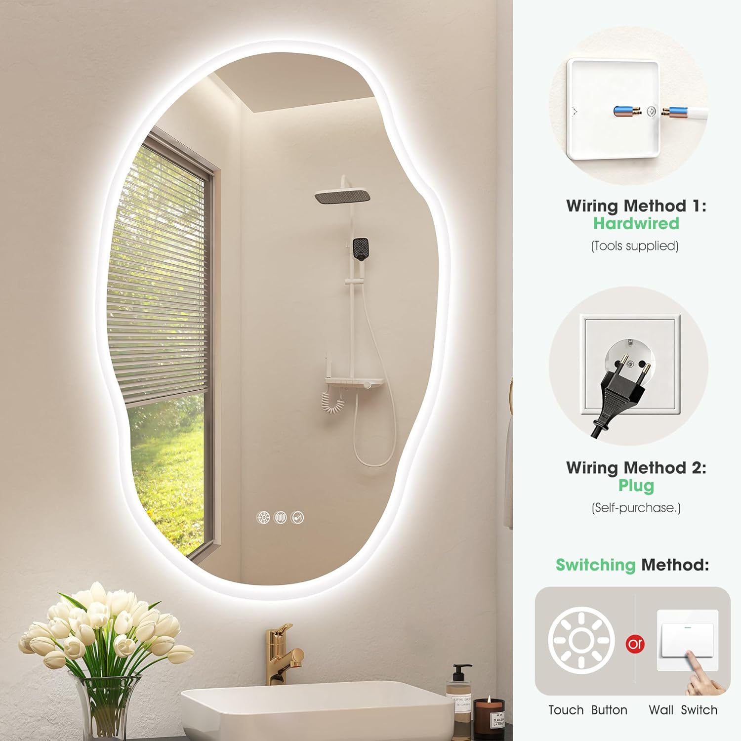 Bathroom setup with a large oval mirror, faucet, and decorative elements.