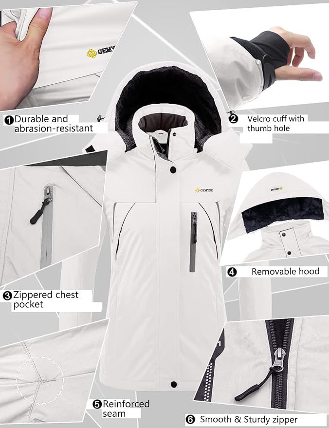 GEMYSE Women's Waterproof Ski Jacket Winter Fleece Coat, White, Size XL