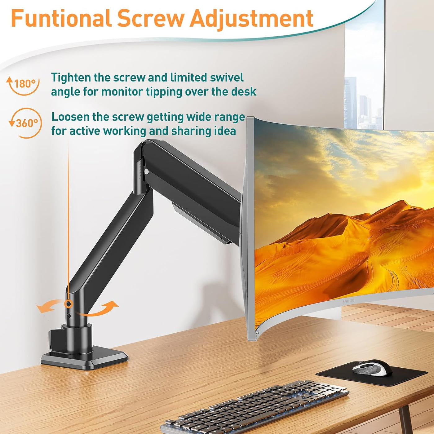 Monitor stand with adjustable arm on a desk, featuring text about screw adjustment functionality.