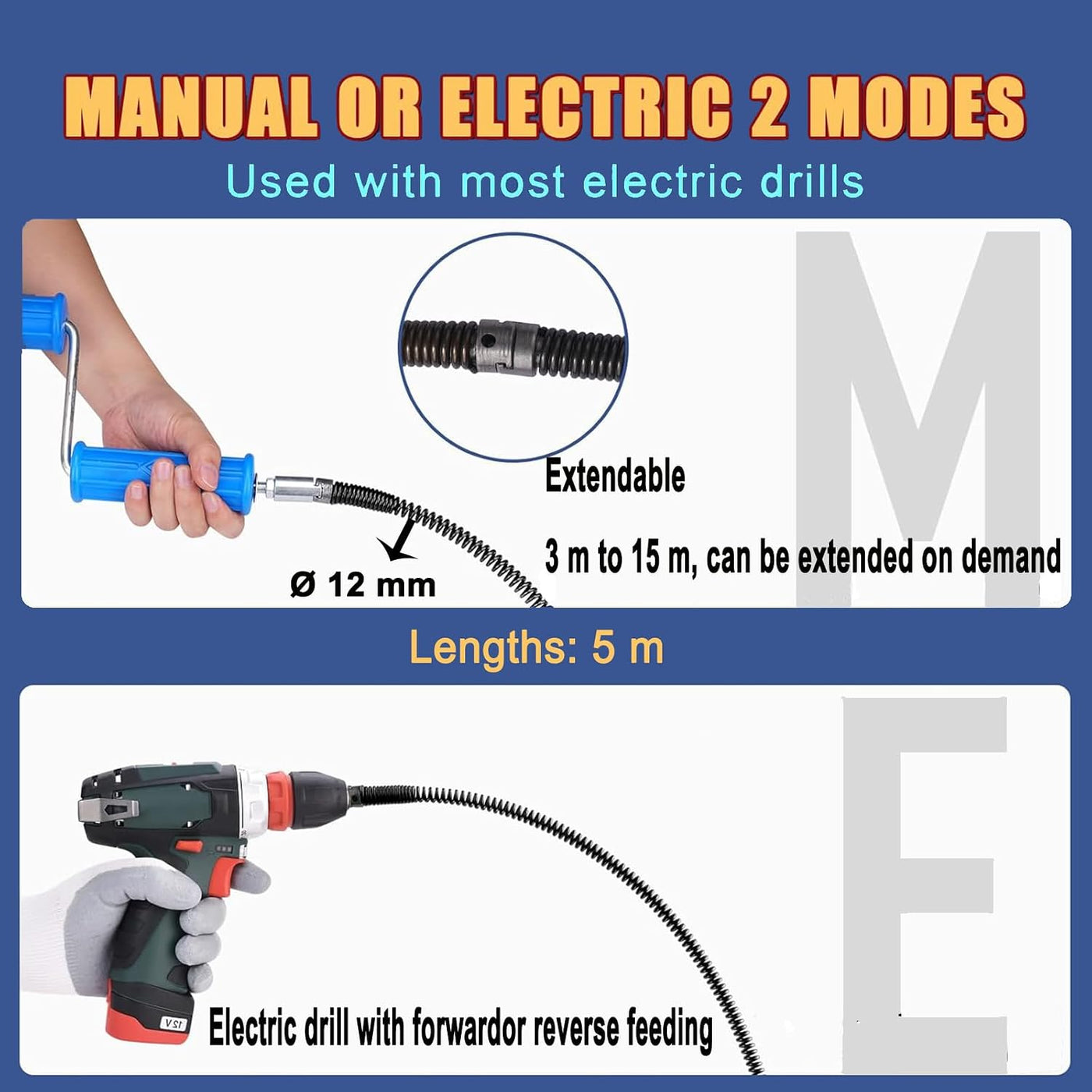 Pipe Cleaning Spiral 16.4ft 0.47in Drain Cleaner Cable 8 Cutter Heads 2 Sets Kit
