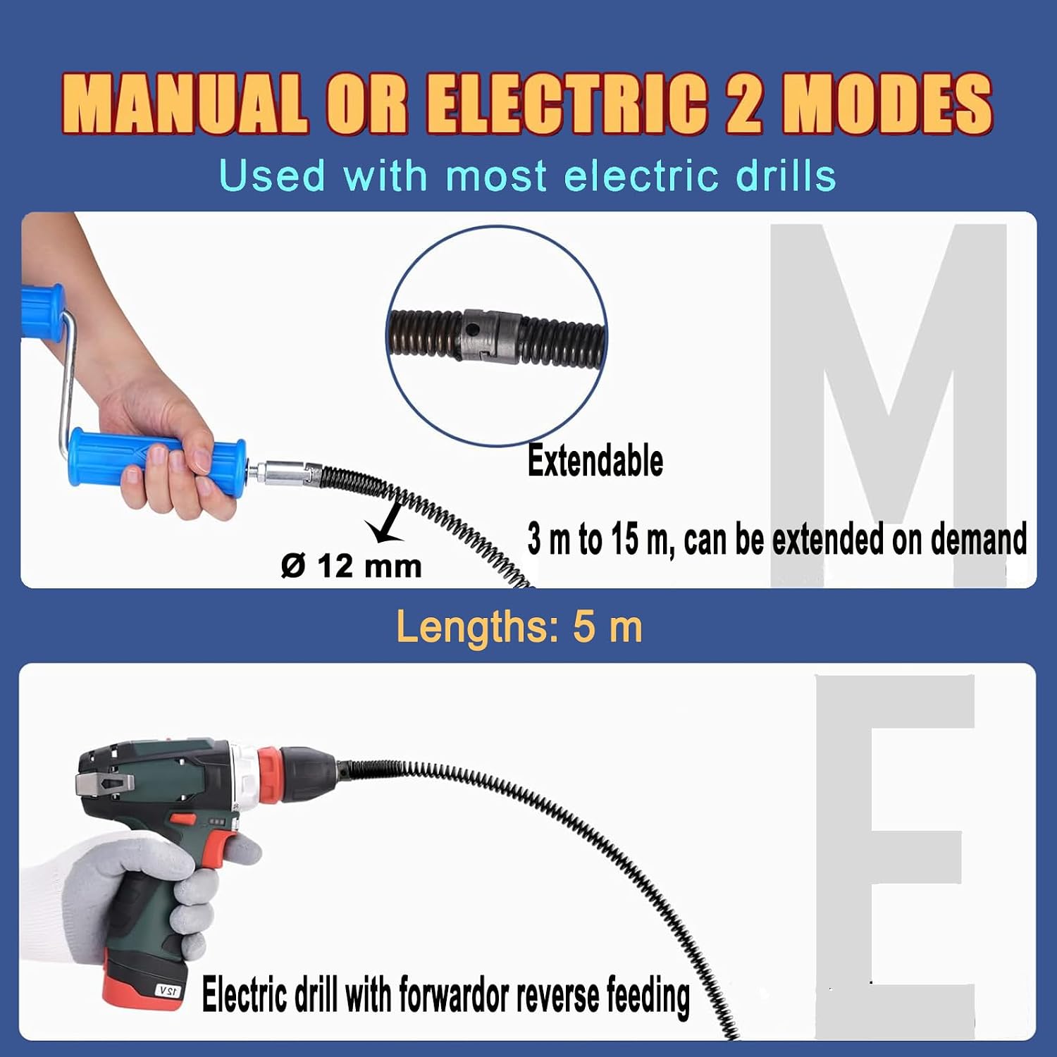 Pipe Cleaning Spiral 16.4ft 0.47in Drain Cleaner Cable 8 Cutter Heads 2 Sets Kit
