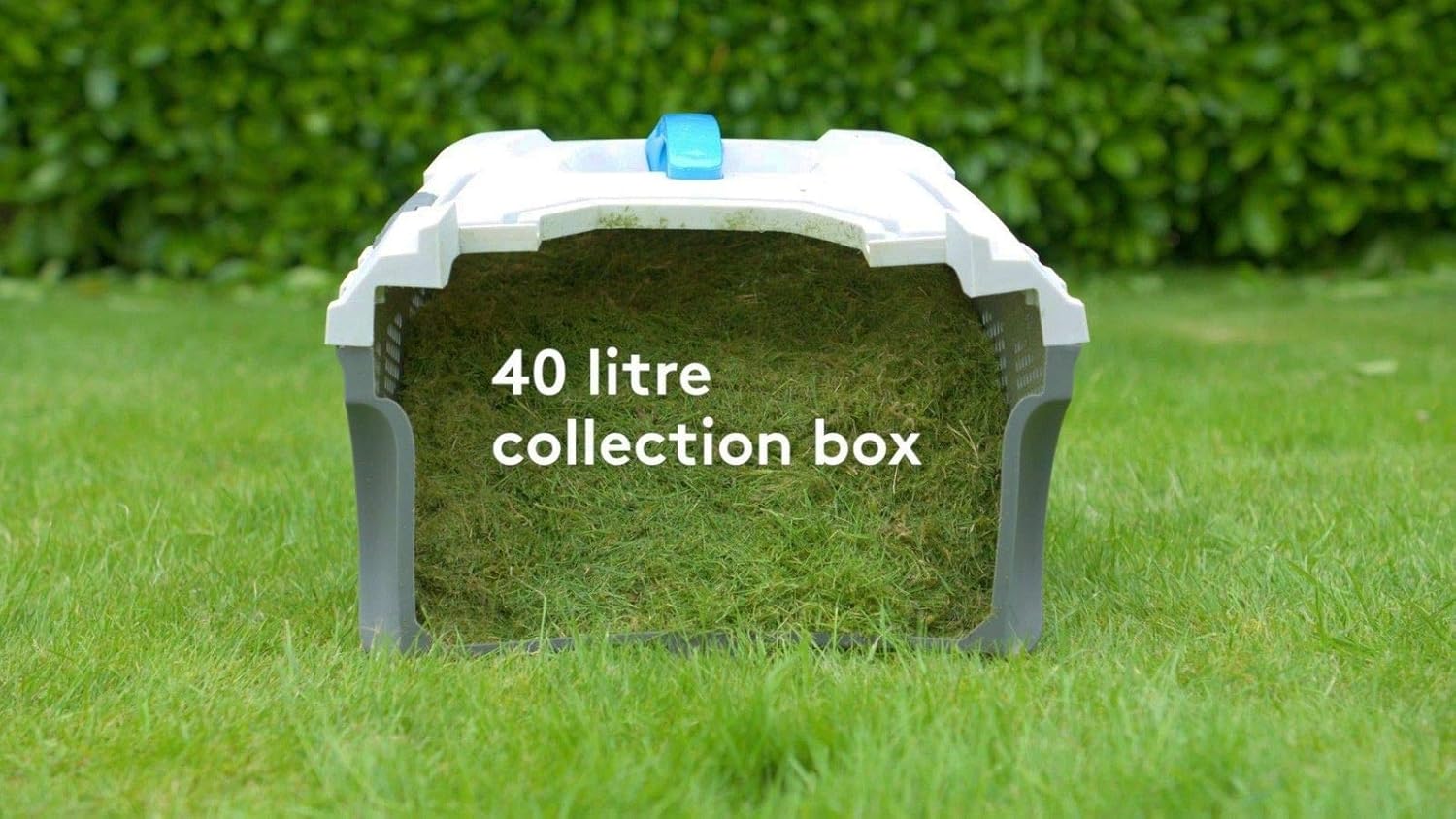 40 litre collection box on grass with green bushes in the background