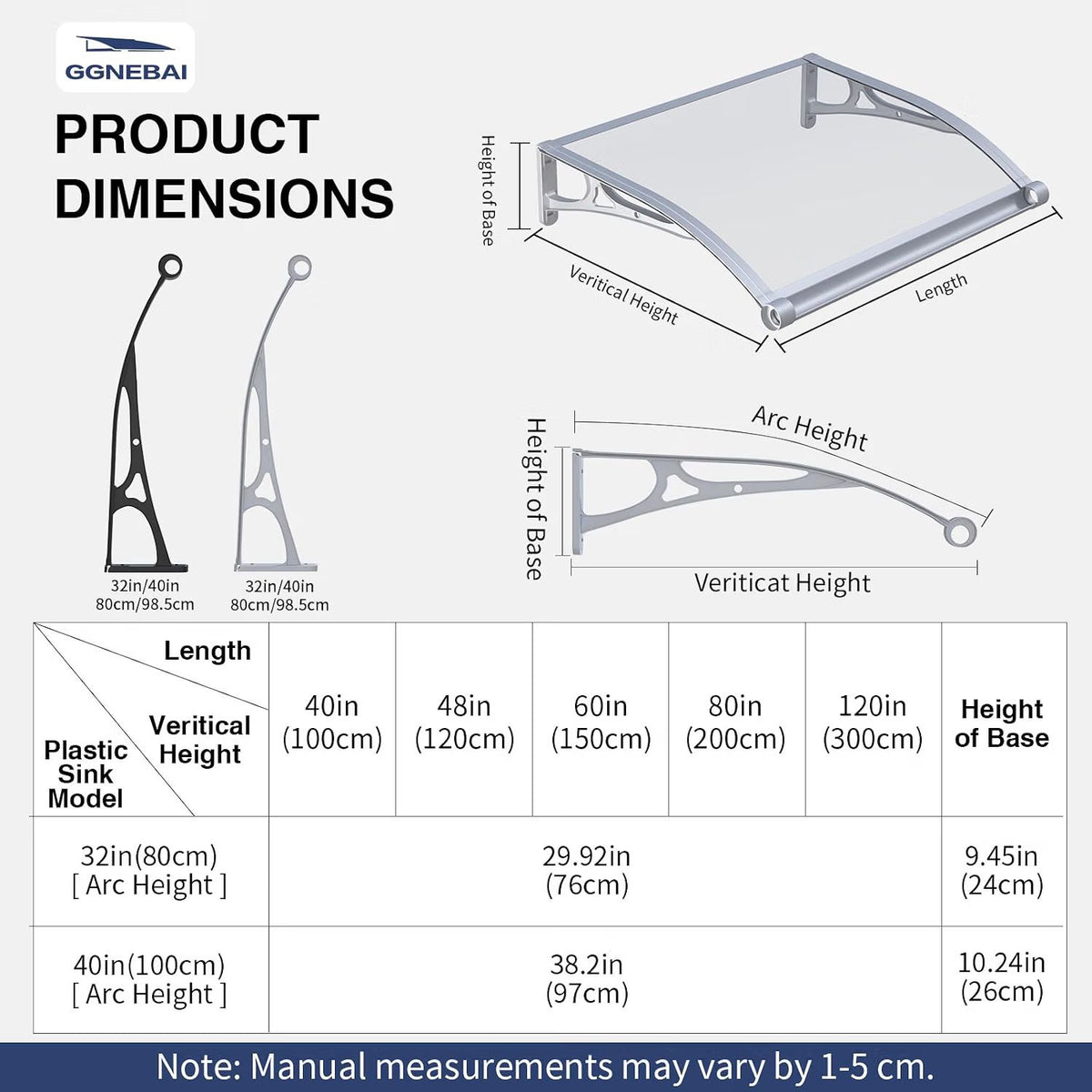 Product dimensions chart for GGNEBAI plastic sink brackets, showing 3D line drawings of the bracket from front and side angles with labeled measurements, plus a table listing lengths from 40 in to 120 in and heights for vertical height and base height.