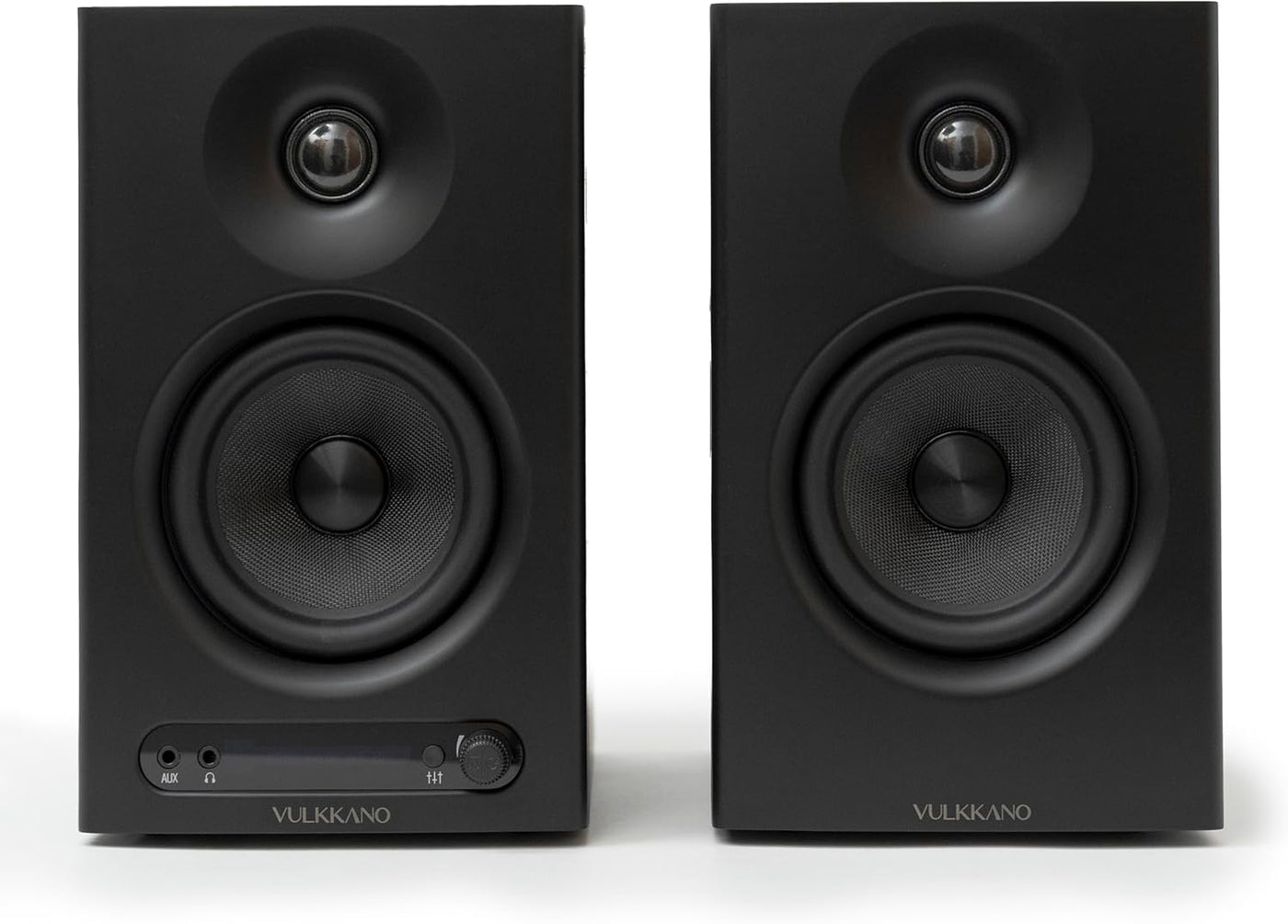 Pair of black Vulkano speakers on a white background