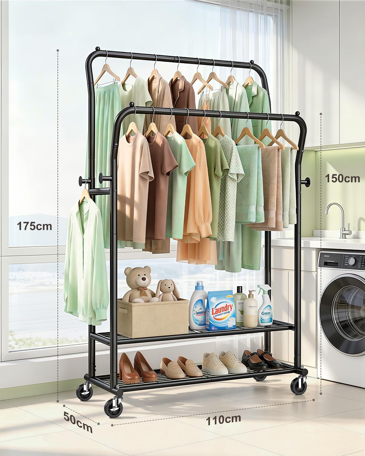 Heavy Duty Clothes Rail 378kg Double Rod Wheels Shelves Hooks Black EAGMAK Rack