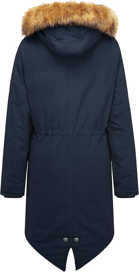 Navy parka coat with fur hood on a white background