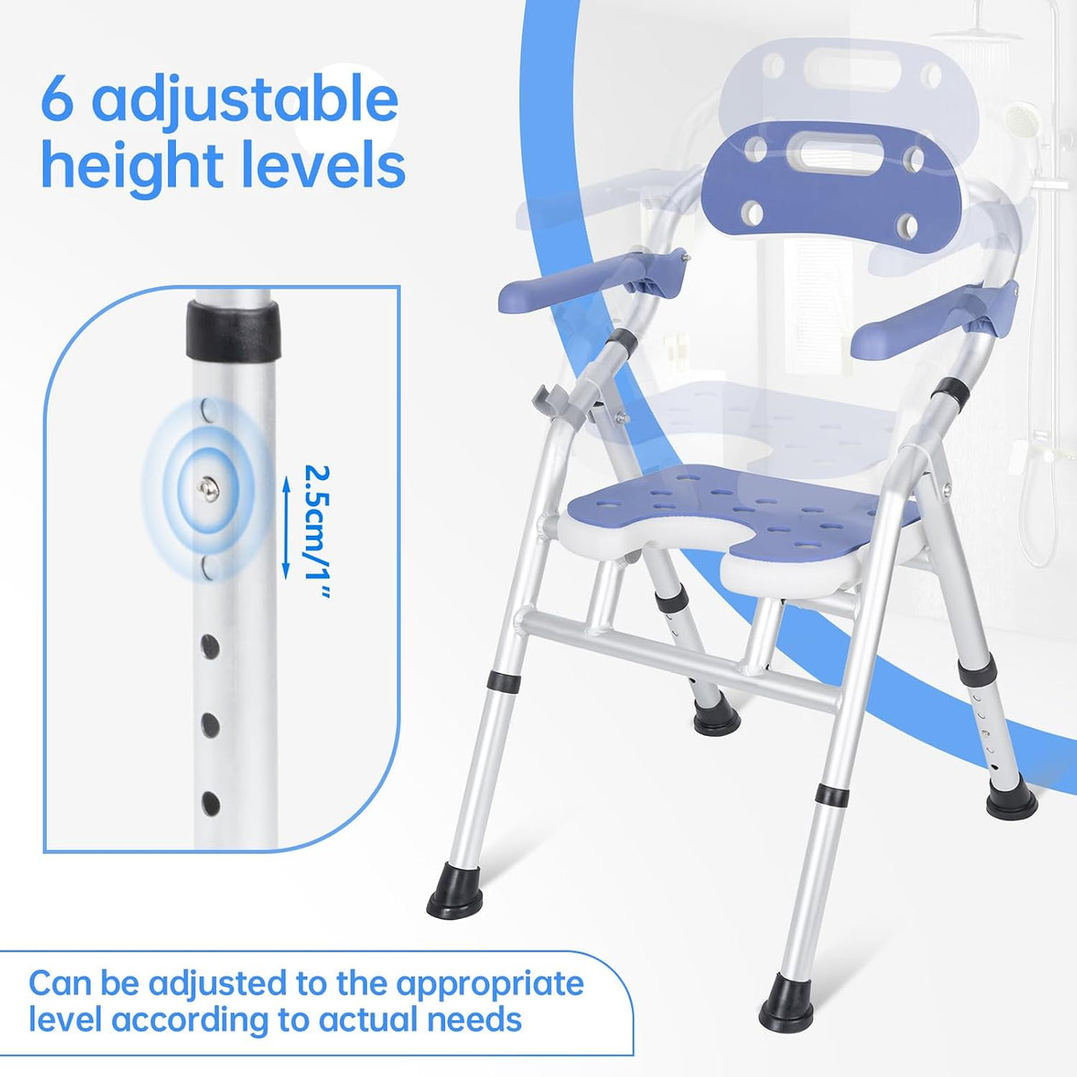 Foldable Shower Chair Adjustable Height Bath Stool Bathroom Seat OUUTMEE Support