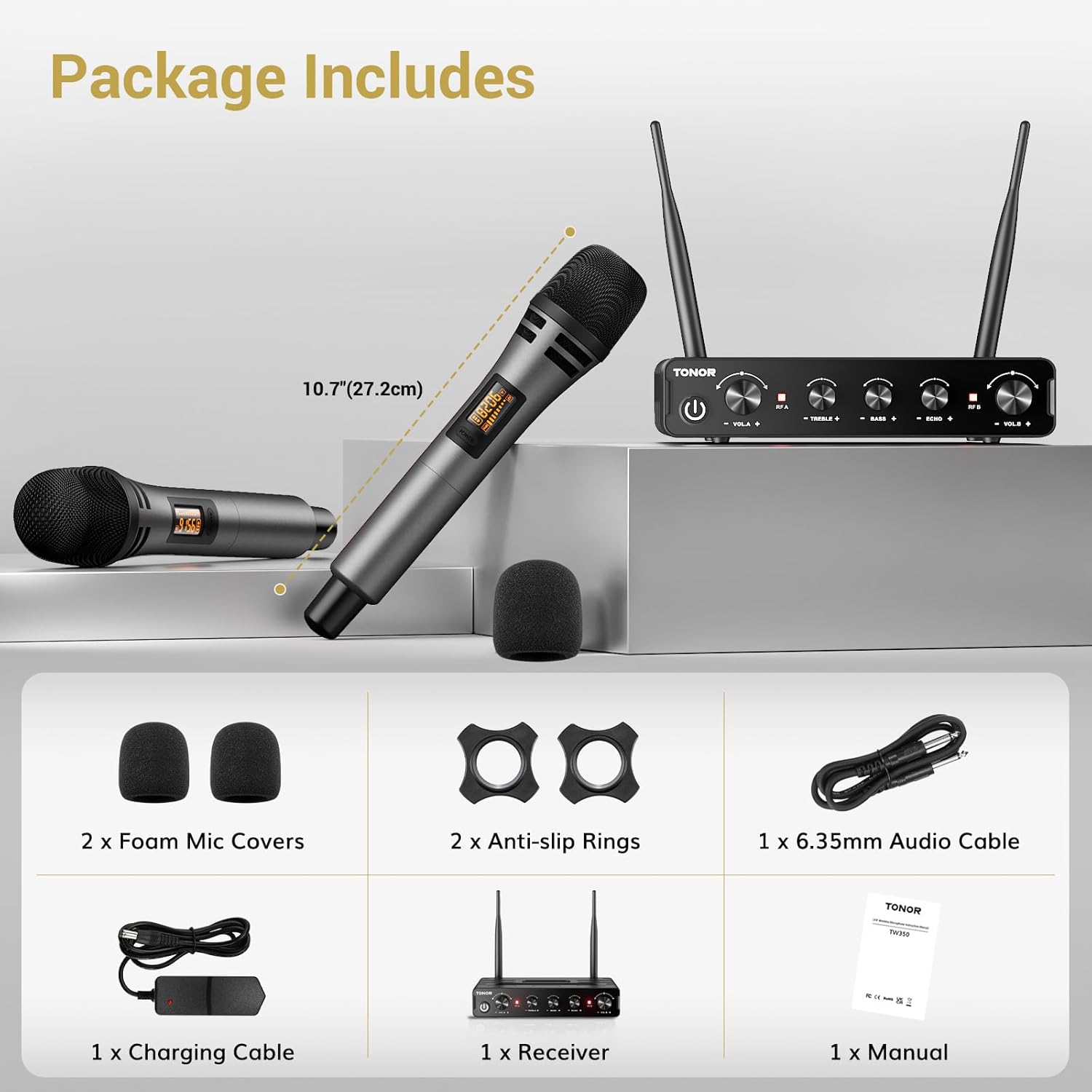 Wireless Microphones UHF Handheld Dynamic 60m Karaoke Mics TONOR Dual Set