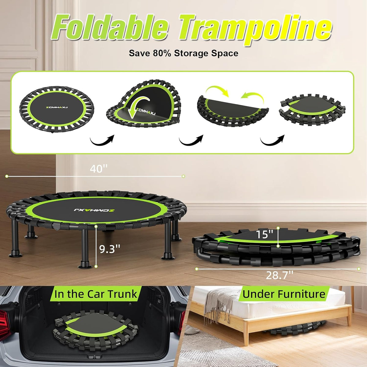 Mini Trampoline 40 Inch Foldable Rebounder 450lbs Adjustable Bar ZCMHAXJ Fitness