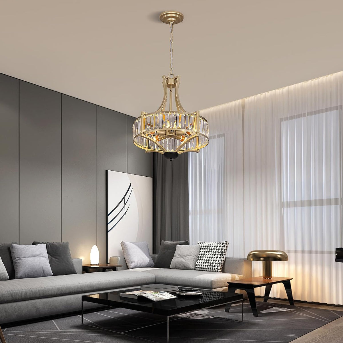 Crystal Chandelier 5 Light Gold Drum Pendant Adjustable Height Modern Ceiling