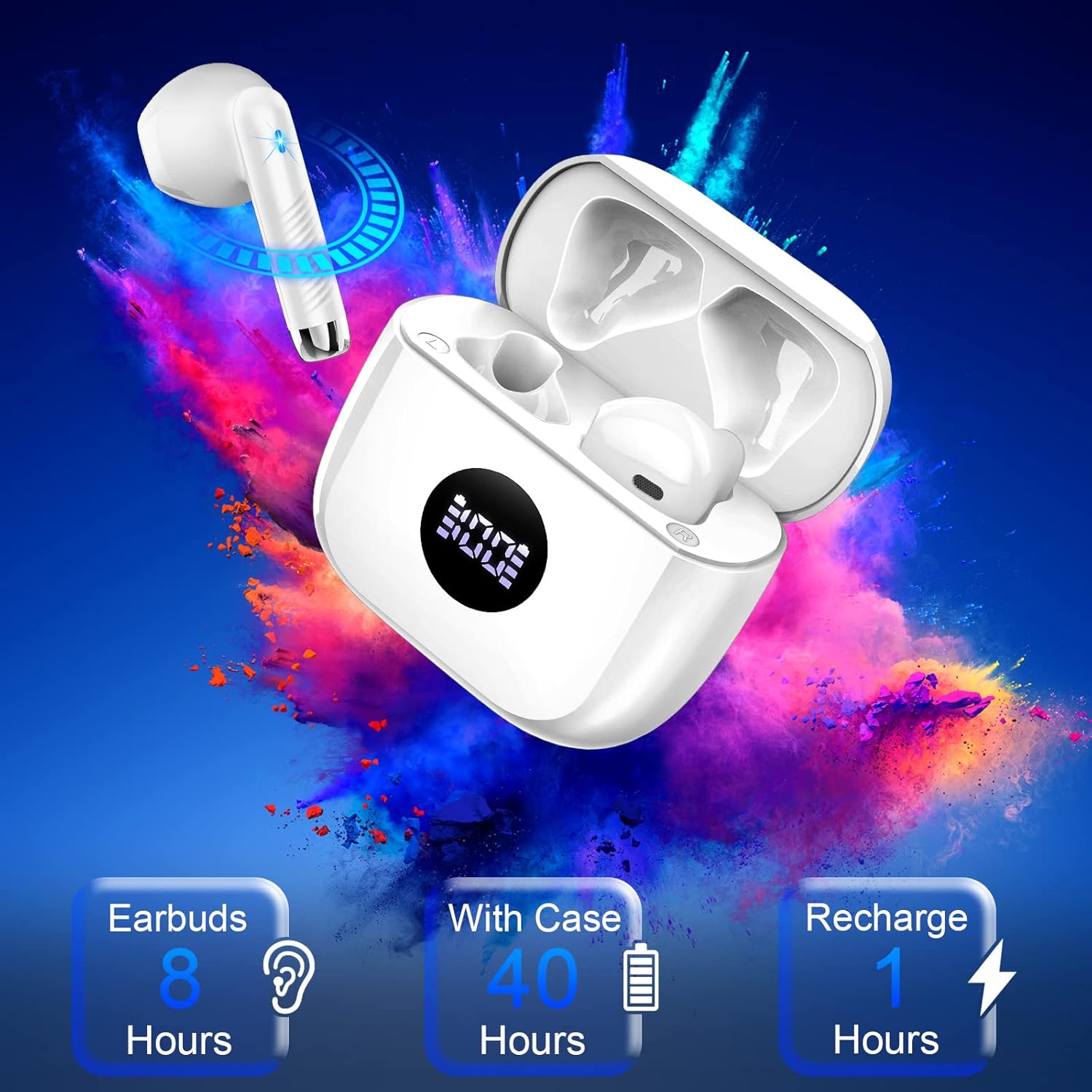 White wireless earbuds with charging case on a colorful abstract background