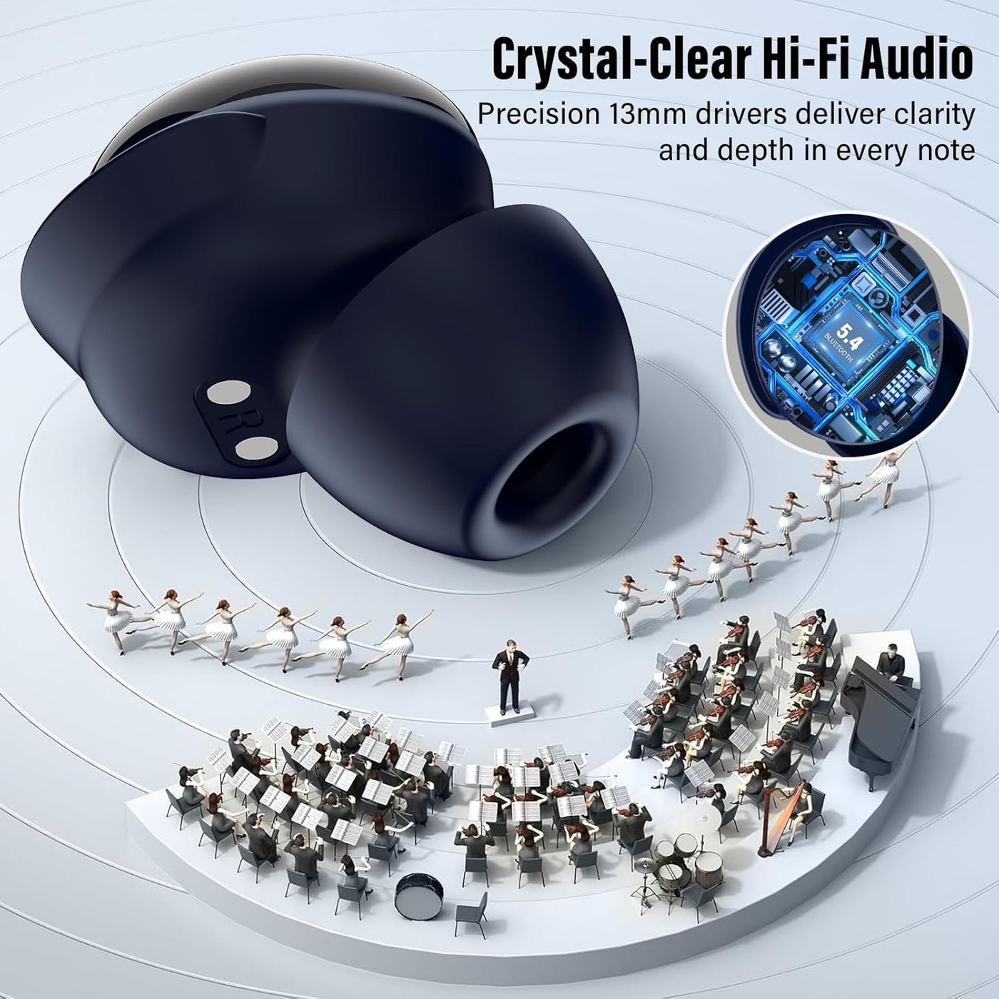 Black wireless earbuds with orchestra illustration and text about crystal-clear Hi-Fi audio.