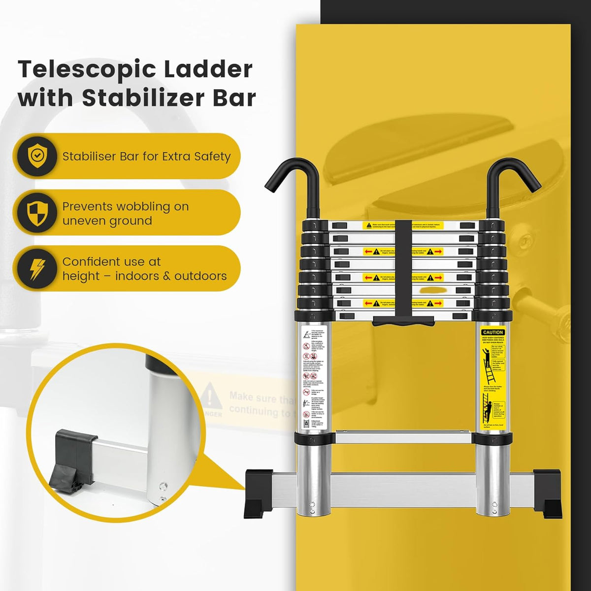 Telescopic Ladder 3.8m Aluminium Extension Stabiliser Bar Hooks EN131 Portable